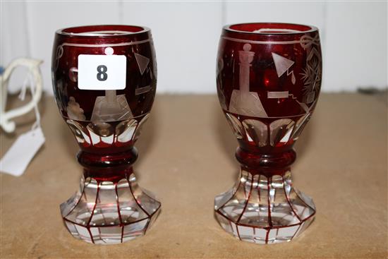 Pair of red overlay Masonic glasses